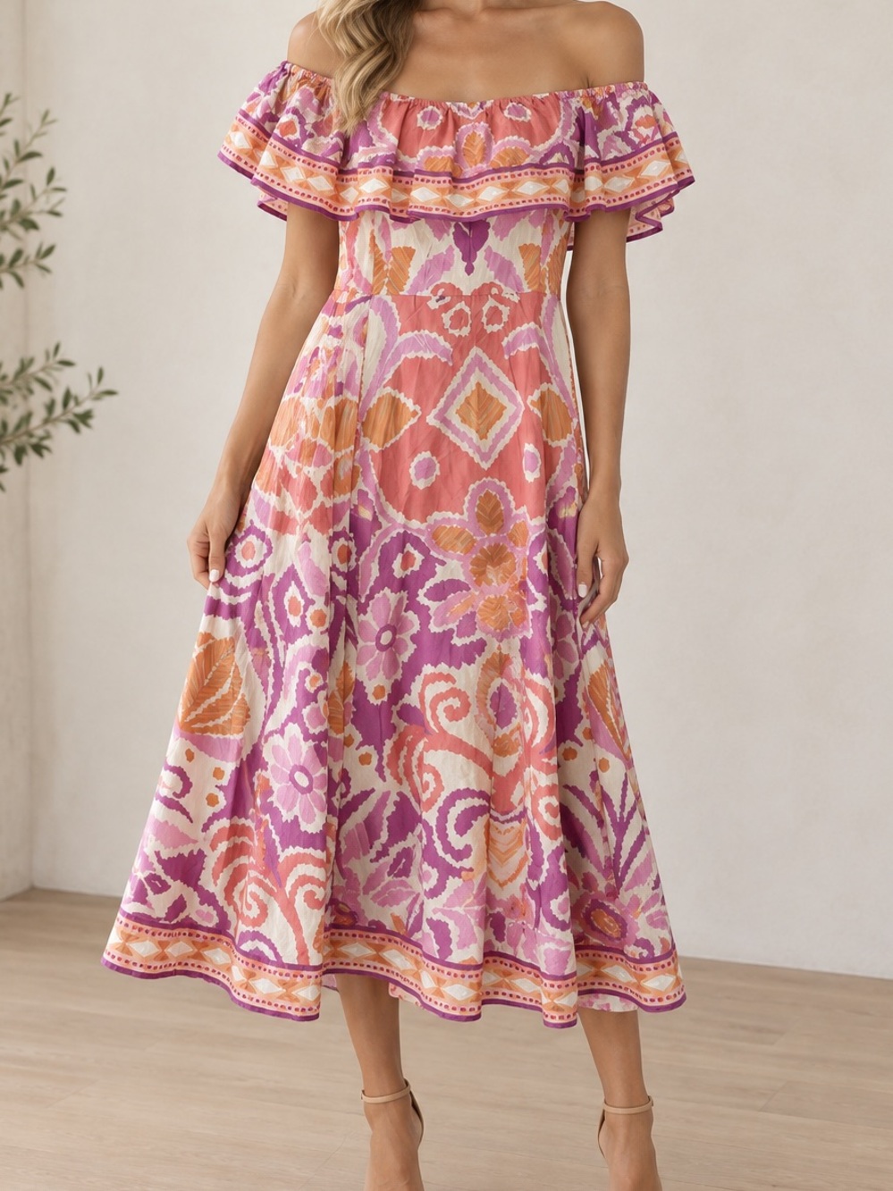 Flying Tomato Off-Shoulder Dress in Purple, Orange & Cream Pattern